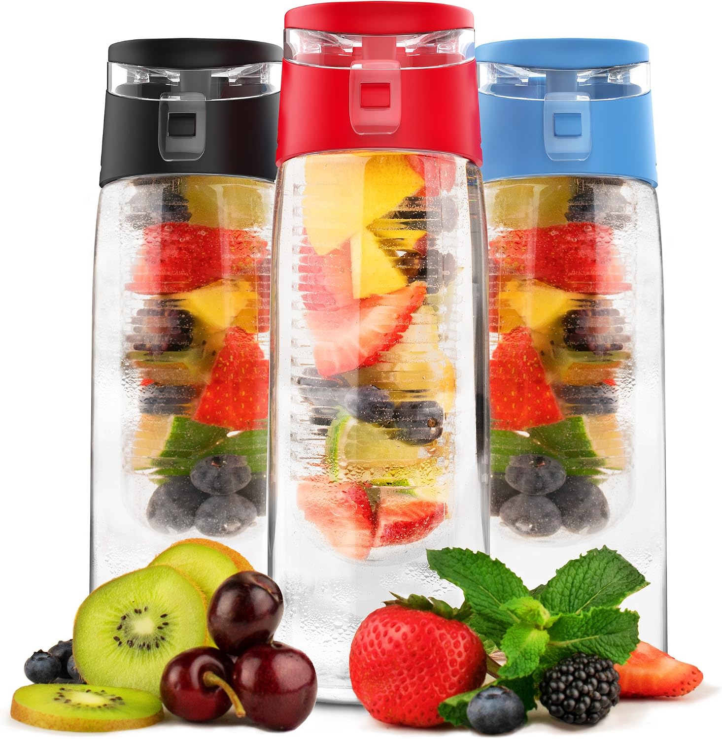 Vremi 24 Oz Fruit Infused Water Bottle - BPA Free Sports Water Bottle with Fruit Infuser Filter and Flip Top Lid Cap - Large Tritan Plastic Eco Drinking Clear Reusable Travel Water Bottles - Red