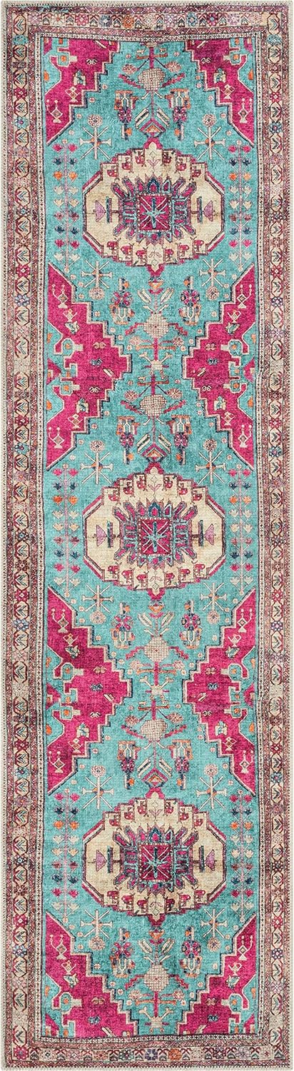 Well Woven Shasta Blue & Fuchsia Machine Washable Vintage Style Updated Classic Distsressed Runner Rug (2'7" x 9'10")