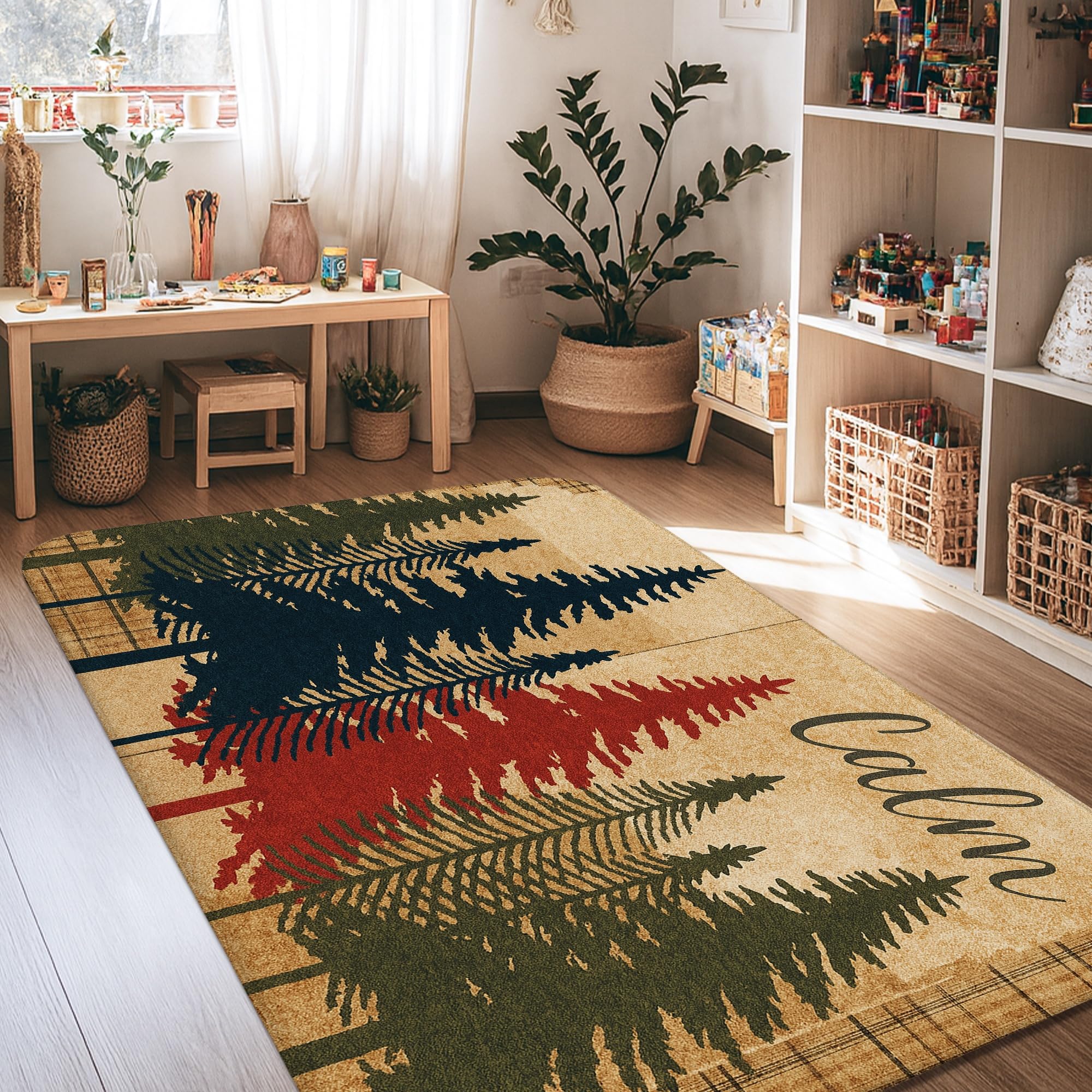 Tapis de sol avec sapins nature et vert automne esthetique pour decoration de maison