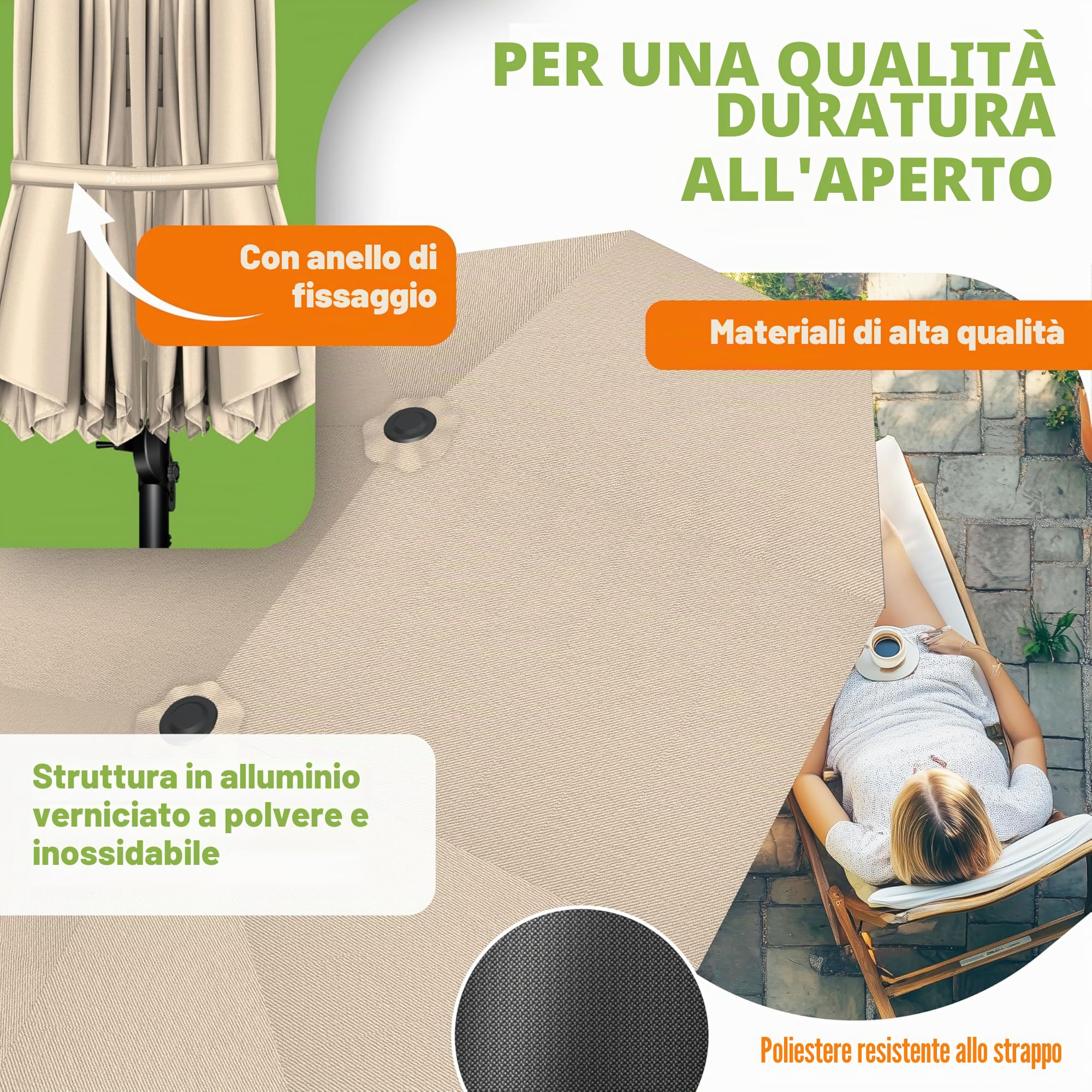 KESSER Ombrellone doppio, 4,6 m x 2,7 m, copertura per ombrellone e protezione antivento con manovella e supporto, in alluminio impermeabile, inclinabile, girevole a 360°, beige., Ohne LED