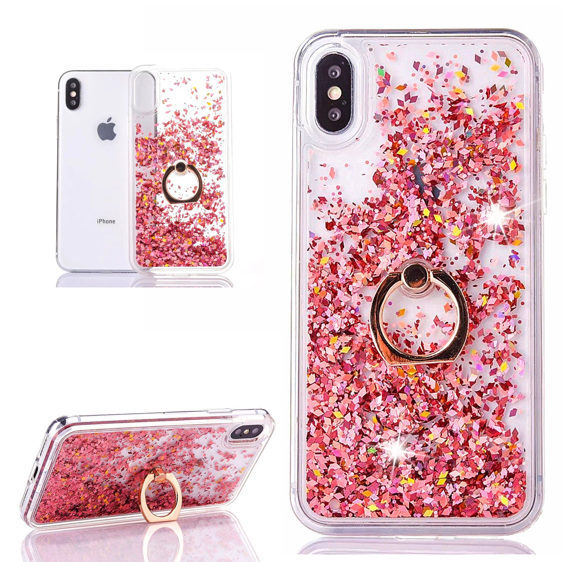 ZCRO Case for iPhone X, Case Cover Bling Glitter Sparkle Liquid Hard Case Transparent Clear Silicone Soft TPU Frame Bumper Protective Cover Shell with Ring Holder Stand for iPhone X (Rose Gold)