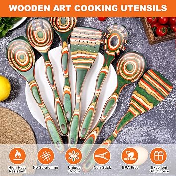 Kitchen Utensils Set for Cooking, NAYAHOSE 7 Pcs Pakkawood Wooden Cooking Spoons & Spatulas with Spoon Rest, Safe for Non-Stick Cookware, Housewarming Kitchen Gift (Green Spoon-7pcs)
