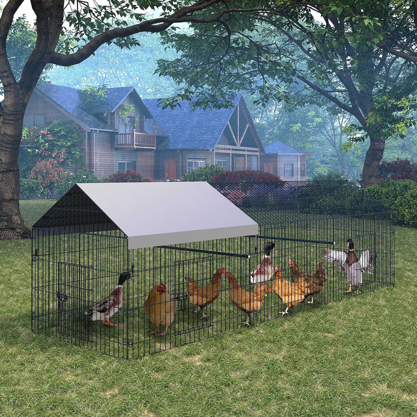 Gran gallinero al aire libre con metal parque tostado, recinto de gallinero con cerradura de seguridad, funda impermeable y antiUV, estacas de tierra, para gallinas, conejitos y animales pequeños (3,3