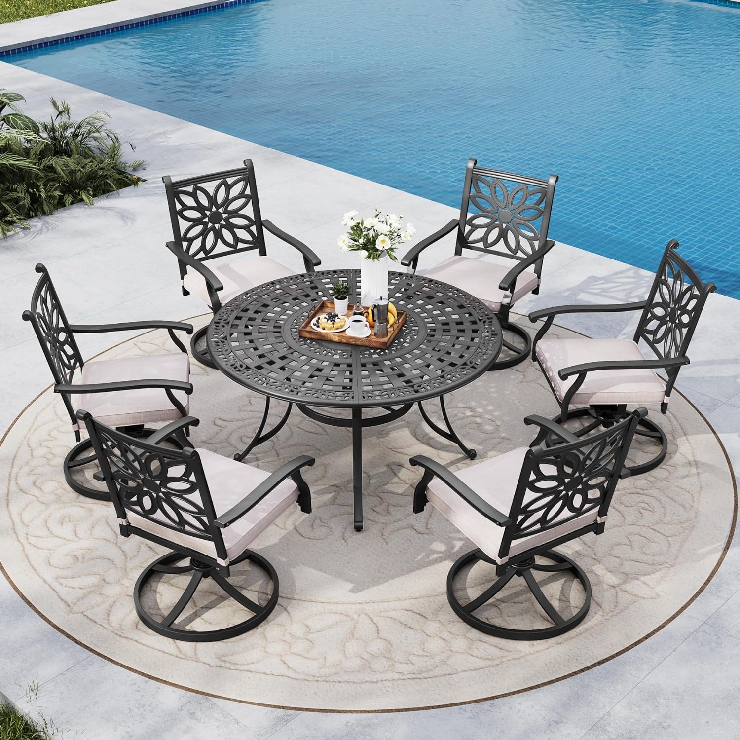 MFSTUDIO Outdoor Dining Chairs Set of 2, Cast Aluminum Patio Swivel Chairs with Wide Seat and 2.8’’ Cushion, Brown Metal Outdoor Swivel Chair Set, Backyard, Deck, 350lbs