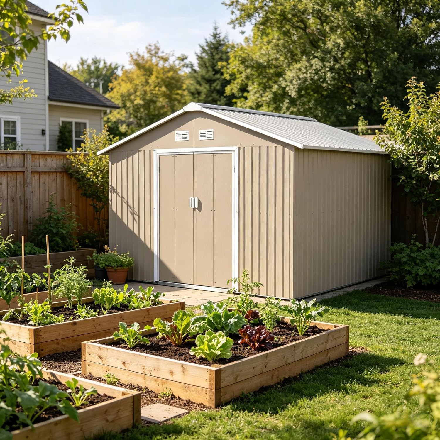 Metal Garden Shed Outdoor Storage with Double Sliding Doors and 4 Vents, Durable Backyard Tool Shed for Lawn Equipment and Pool Supplies, Easy Assembly with Foundation Kit