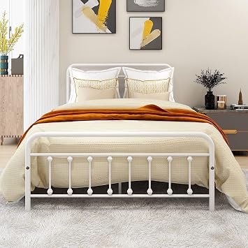 Full Size Bed Frame with Headboard and Footboard Metal Bed Frame Full/Vintage Sturdy/Mattress Foundation/No Box Spring Needed Full, White