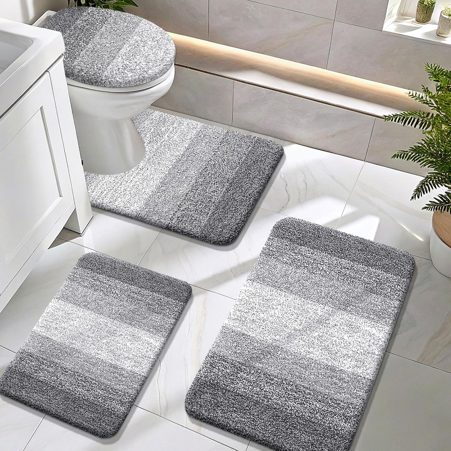 OLANLY Bathroom Rugs Sets 4 piece, Soft Microfiber Absorbent Bath Mat, U-Shaped Contour Toilet Mat and Toilet Lid Cover, Quick Dry, Machine Washable, Toilet Cover and Rug Set for Bathroom, Grey