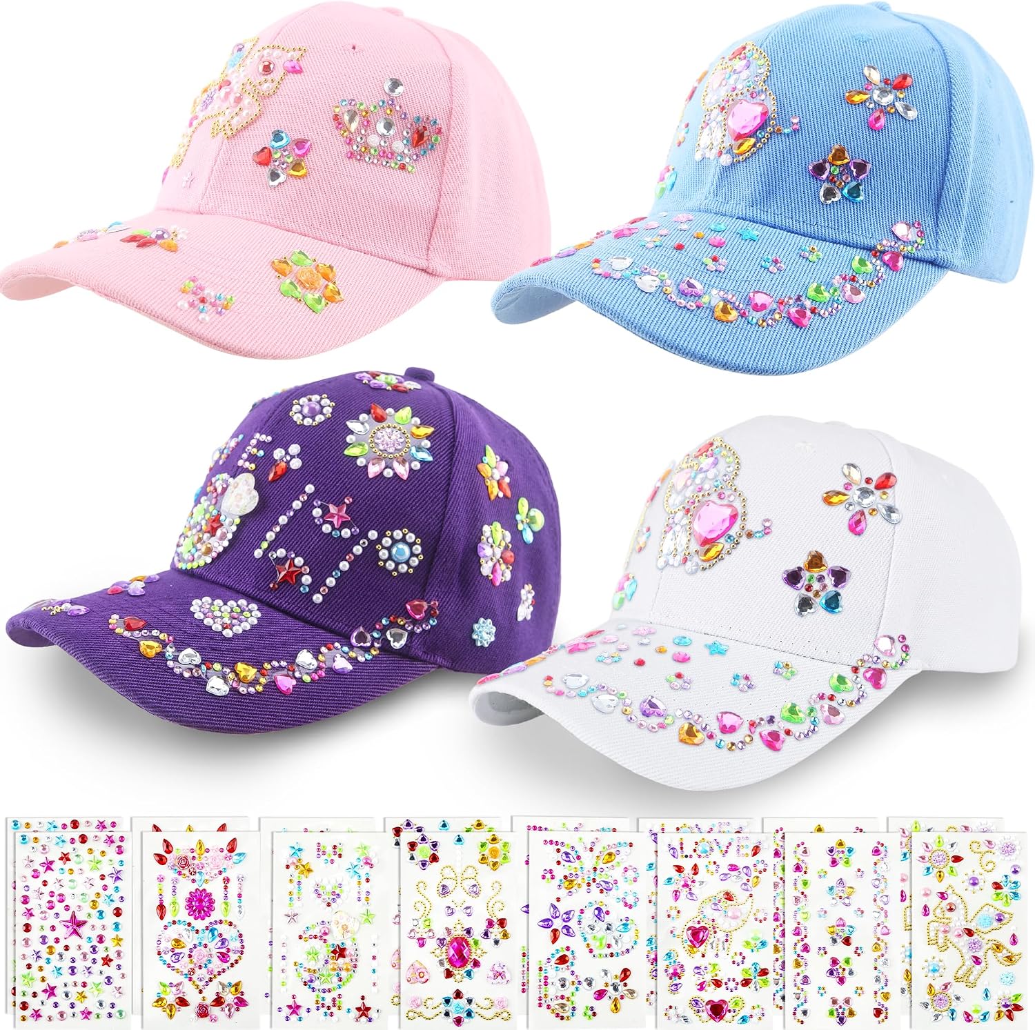 4 Pack DIY Baseball Hats Decorate Your Own Baseball Cap with 16 Sheets Cute Gems Stickers Arts Crafts for Adult Teenager Back to School Birthday Christmas Gifts