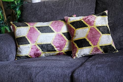 Juego de dos almohadas decorativas hechas a mano con relleno de plumón, rosa sucio, negro y dorado, funda de cojín de seda de terciopelo suave para