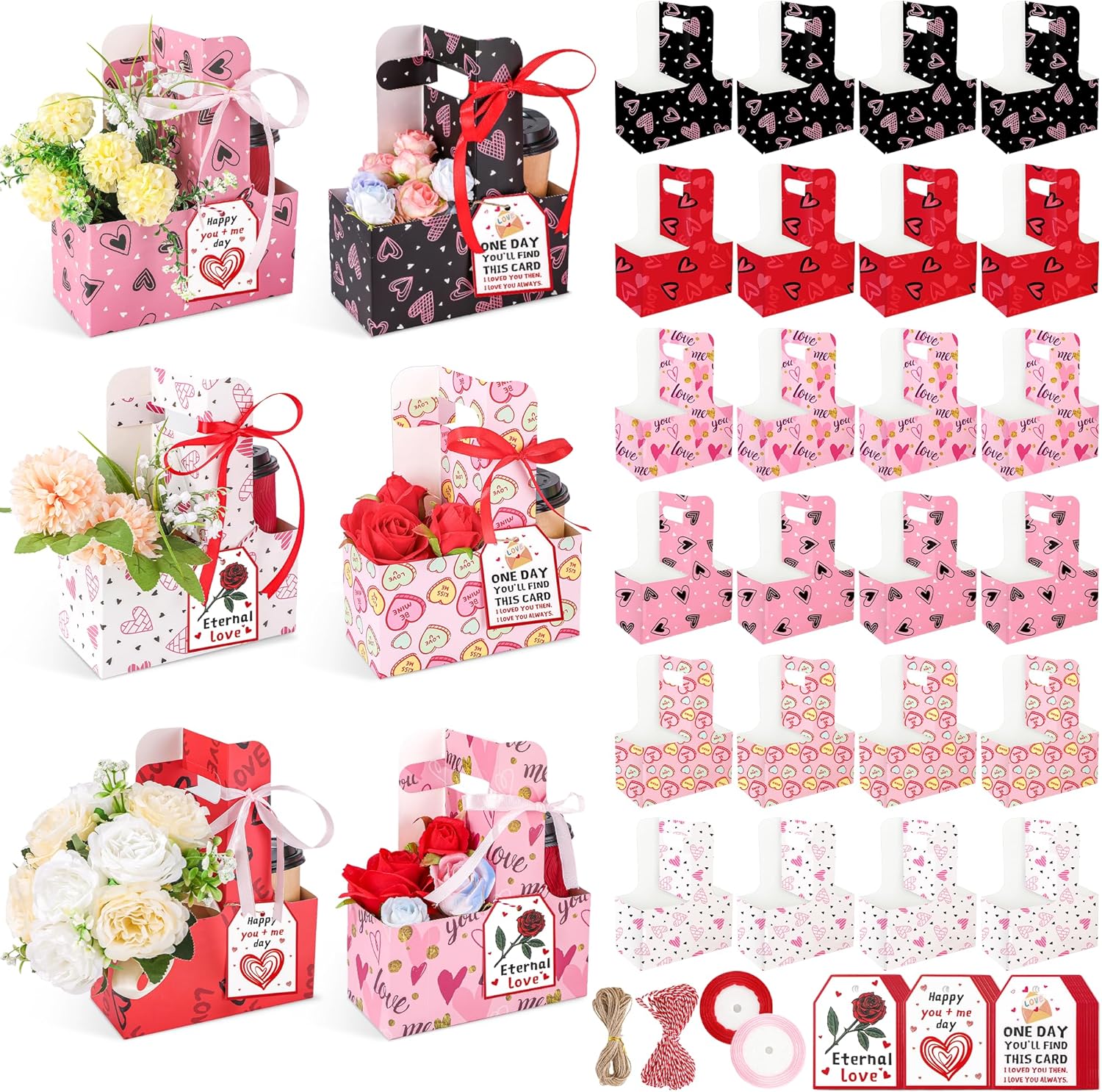 24 Set Valentine's Day 2 Cup Drink Carrier with Handle, 6 Style Heart Portable Cup Holders Floral Gift Bags with Card and Rope, Valentine Mother Teacher's Day Favor for Hot Cold Drinks Coffee(6 Style)