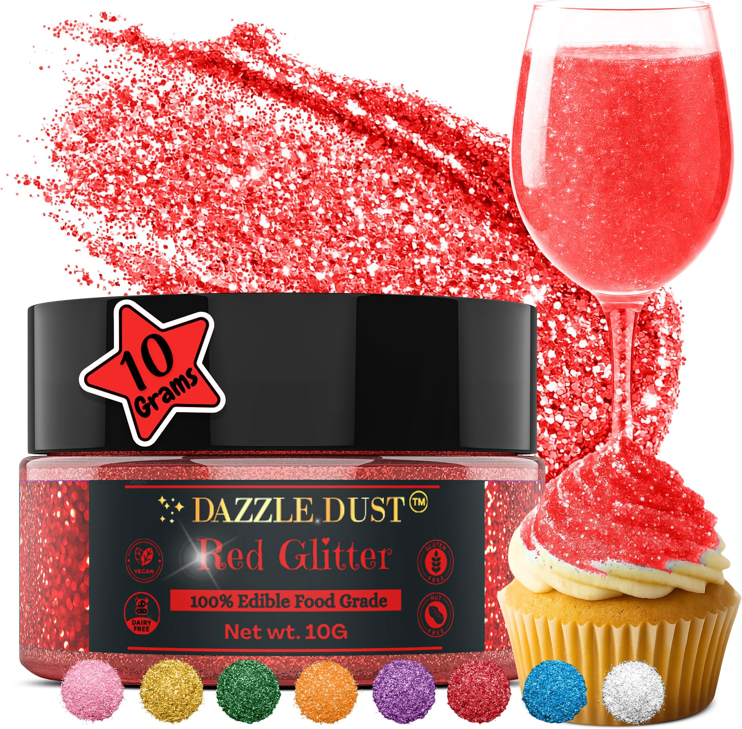Dazzle Dust Edible Glitter Sprinkles for Cake Decorating, Drinks, Cookie, Icing, Dessert Decorations, Sparkly Luster, Food-Grade, Vegan, Gluten Free, Kosher, Bulk 10g, Red