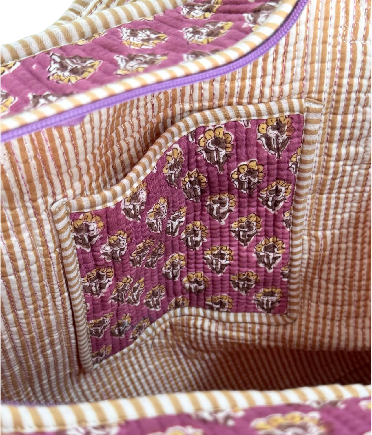 ATOSII Women Handblock Print Quilted 100% Cotton Floral Large Shoulder Tote Bag with Pocket, Zipper for Work, Beach & Travel - Image 6