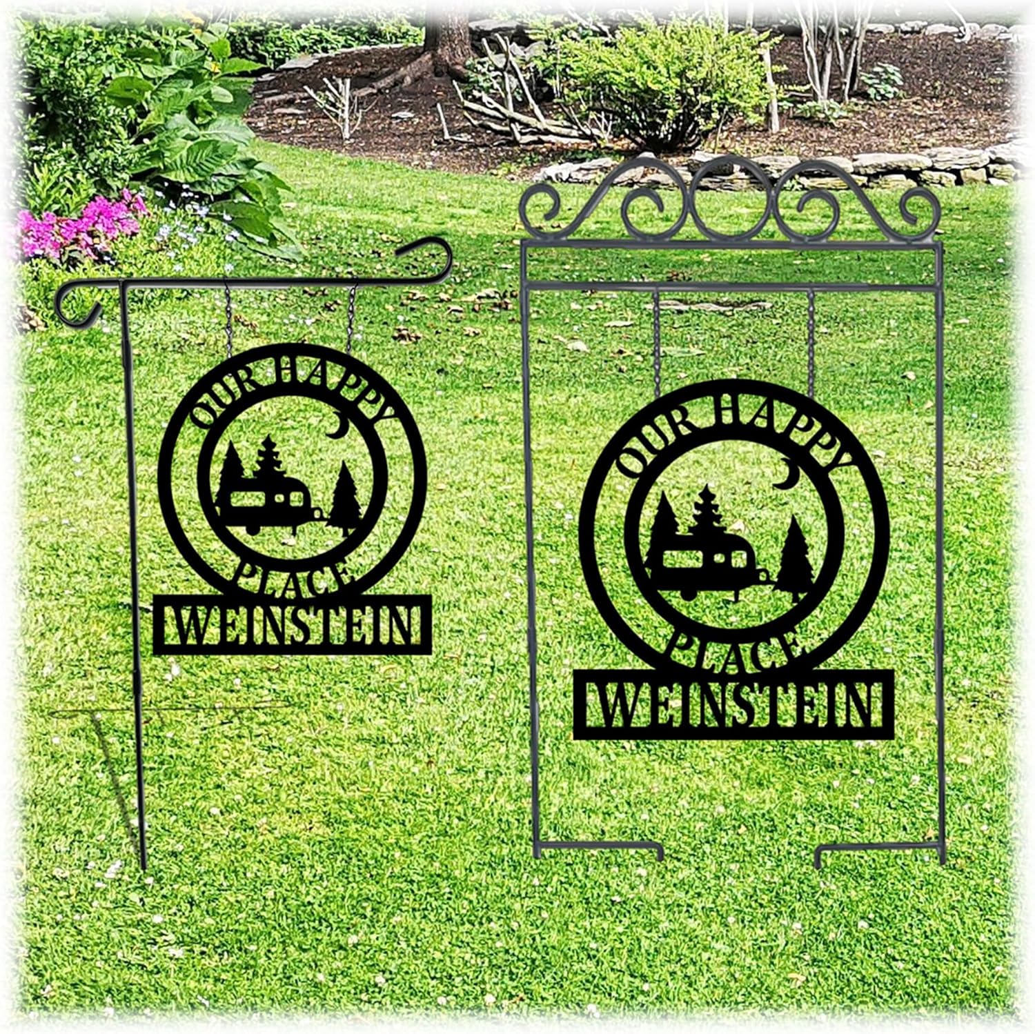 Custom Metal ACM Camper Sign Our Happy Place Campsite Decorations for Outside Camping Gift Ideas for Women or Retirement Happy Campers Garden Flag Decor RV Class A or C