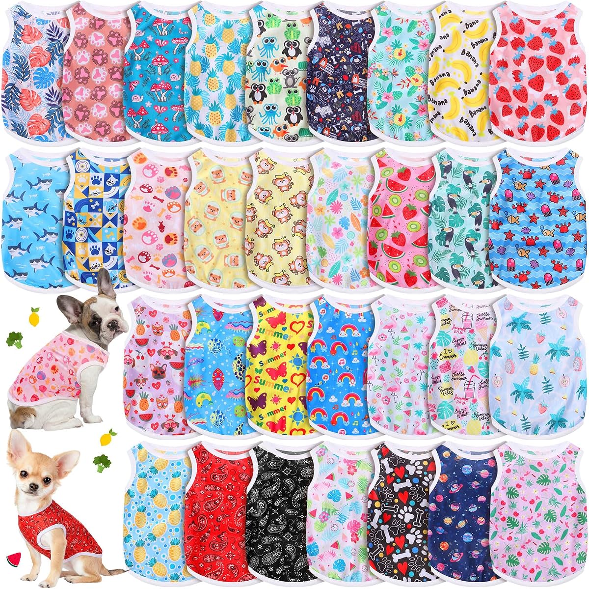 Yaomiao Paquete de 32 ropa de verano para perros pequeños, camisas para cachorros a granel, camisetas sin mangas transpirables para mascotas, linda ropa hawaiana para perros niños y niñas, chaleco para cachorros gatos (serie de dibujos animados, S)