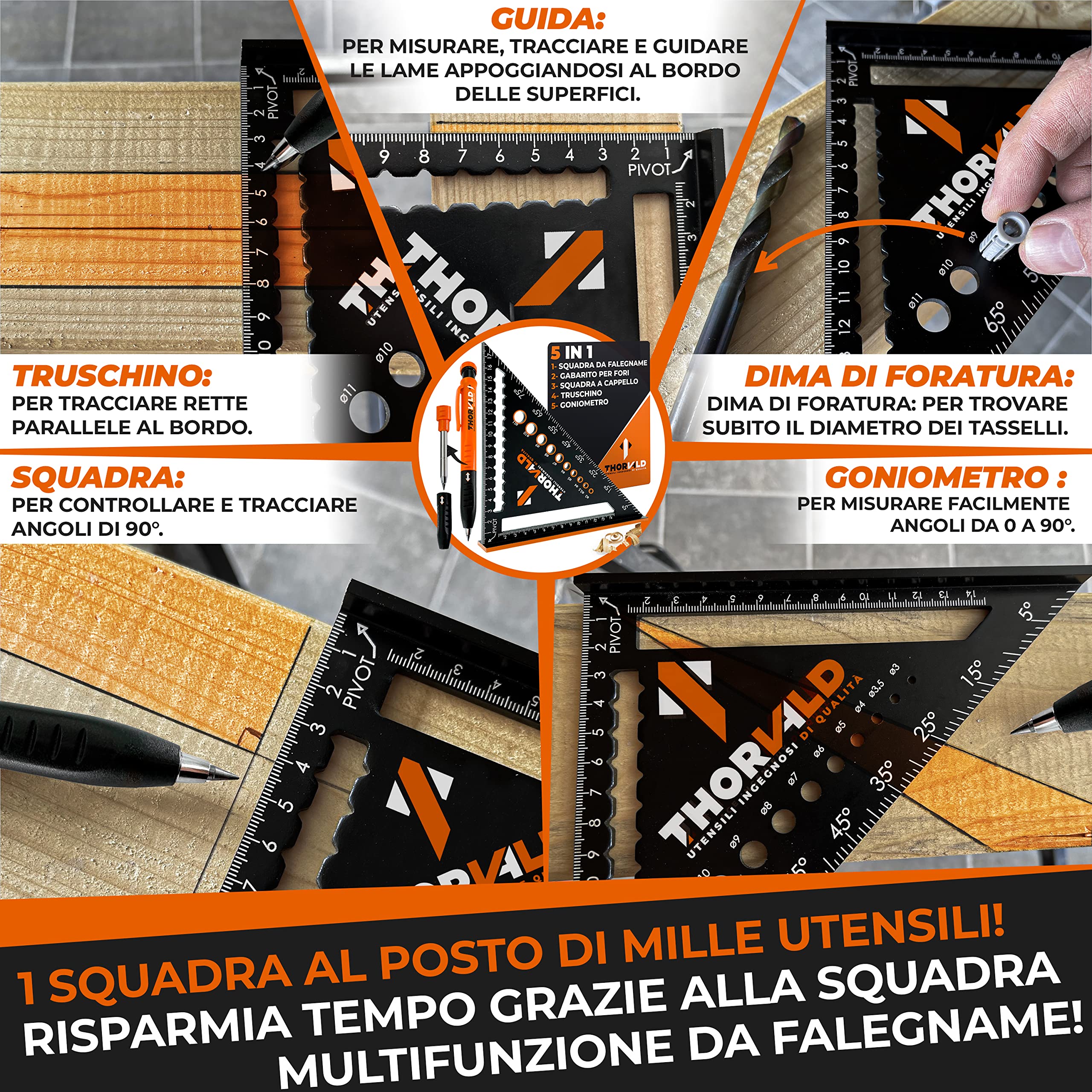 THORVALD Squadra da Falegname Multifunzione 180 mm Goniometro Angoli 45-90° Righello Trusquino