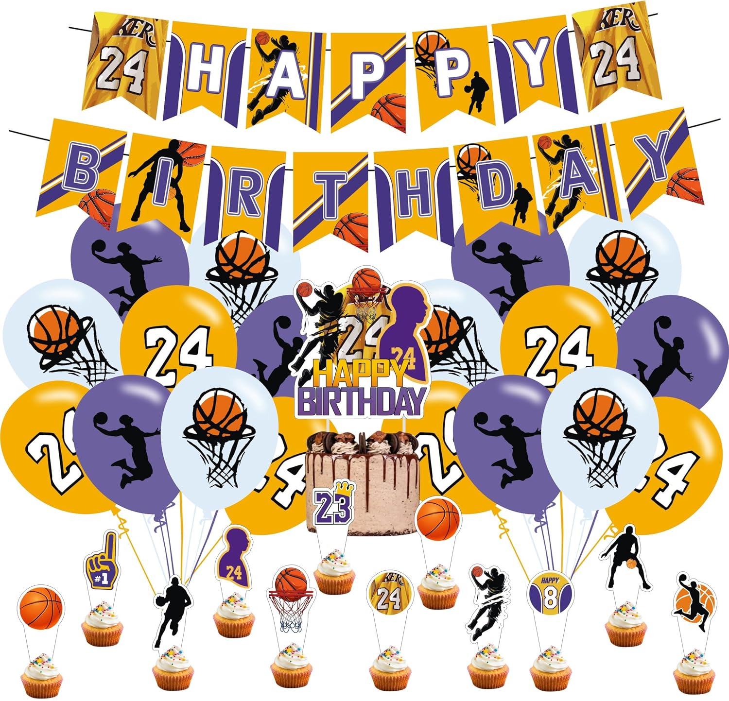 24 Basketball Birthday Party Supplies,Party Decorations Set Include Banner,Balloons,Cake Cupcake Toppers,for Boys Girls Theme Basketball Party.