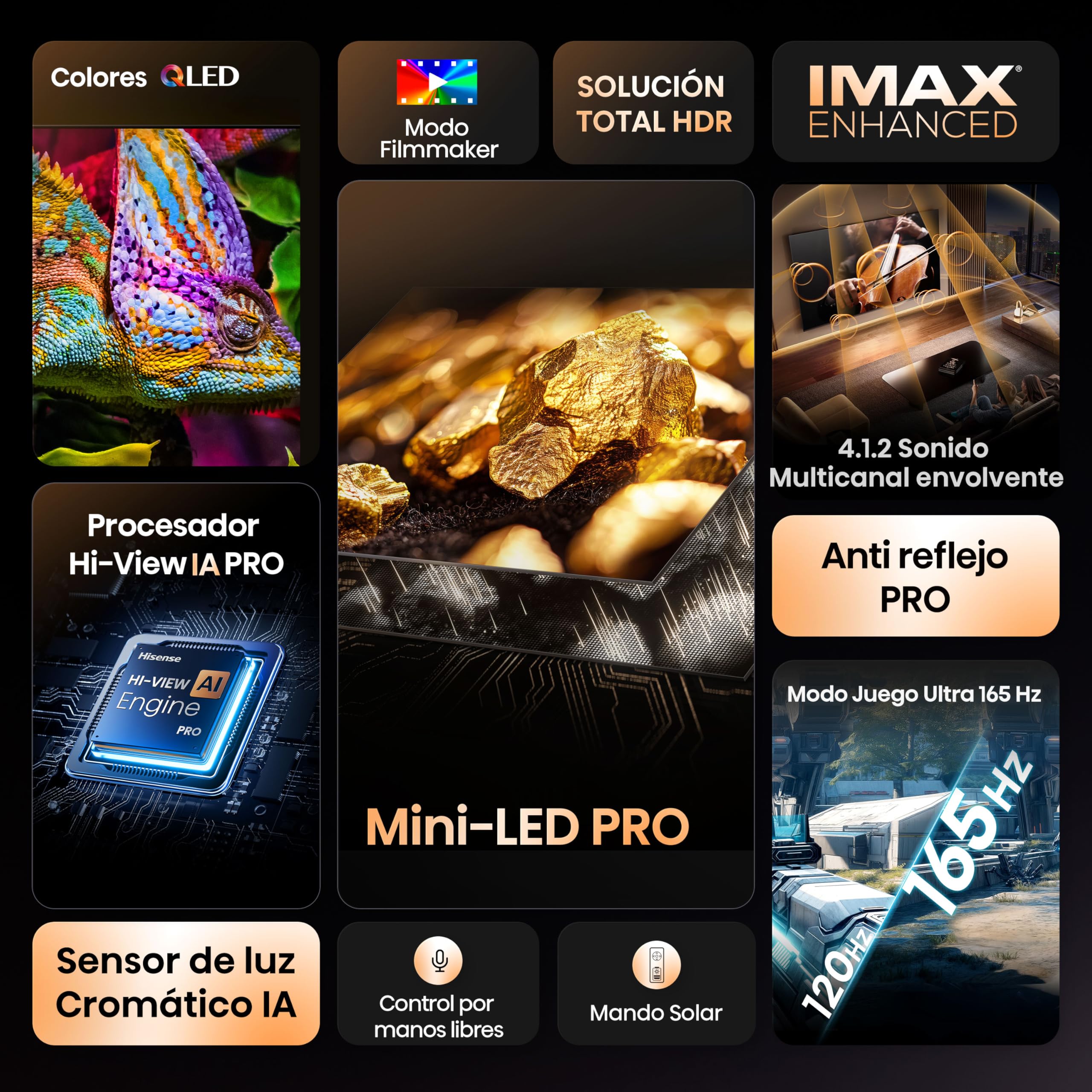 Hisense 55U8Q - Mini LED Pro Smart TV 55 Pulgadas, Procesador Hi-View IA Pro, 4.1.2 Sonido multicanal, Modo Juego Ultra 165Hz, Antireflejos Pro, Full Array Local Dimming, Dolby Vision IQ, Dolby Atmos