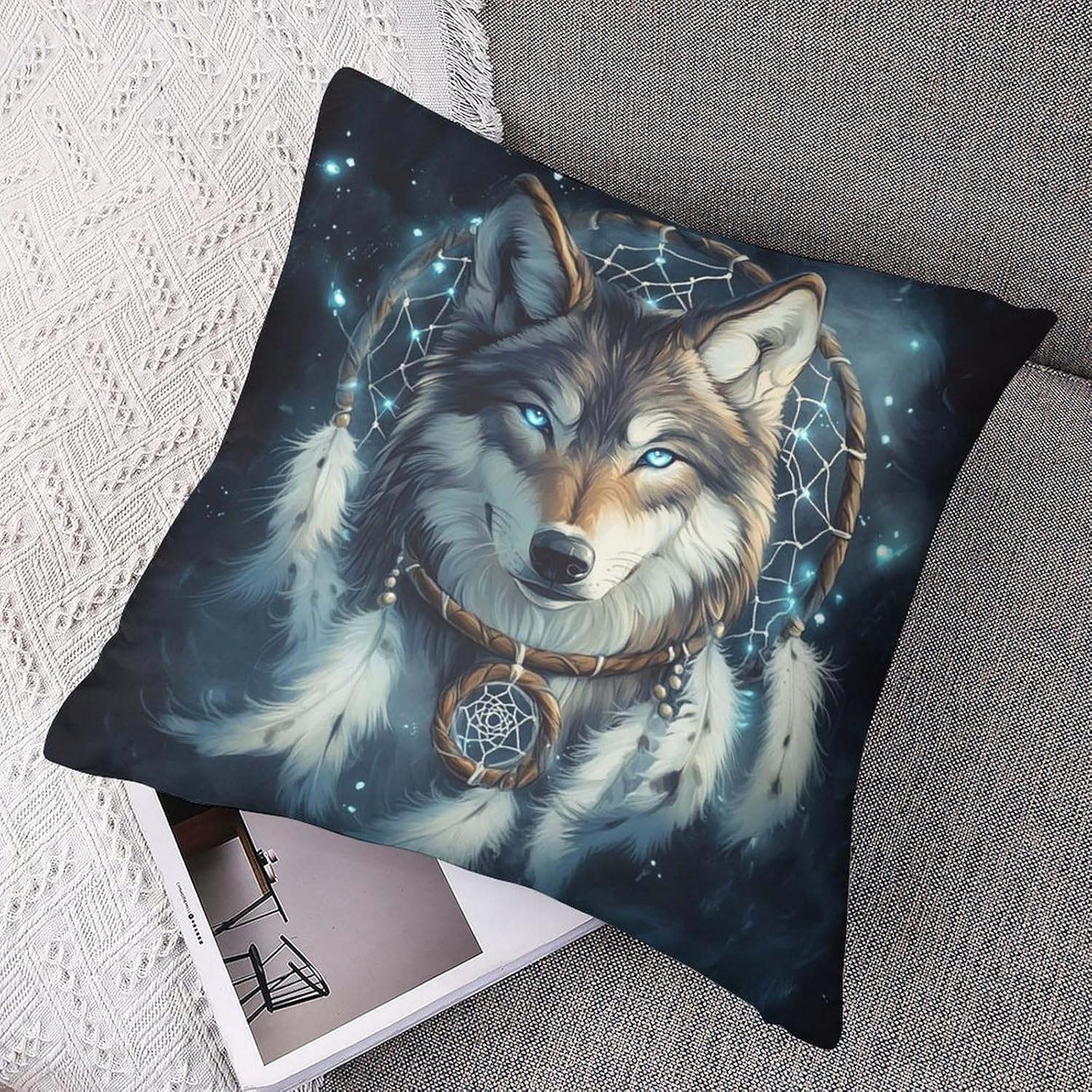 2 Packs Mystical Wolf Animal Throw Pillow Covers for Living Room, Fantasy Dream Catcher Pillow Covers Cushion Case for Couch Sofa Bed, 20x20 inch