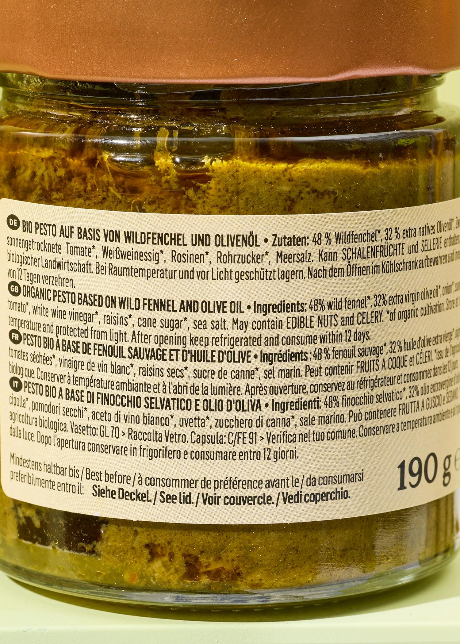 KoRo – Pesto bio au fenouil sauvage 6 x 190 g – Fabriqué en Sicile – Affiné avec des raisins secs et des tomates séchées – Vegan