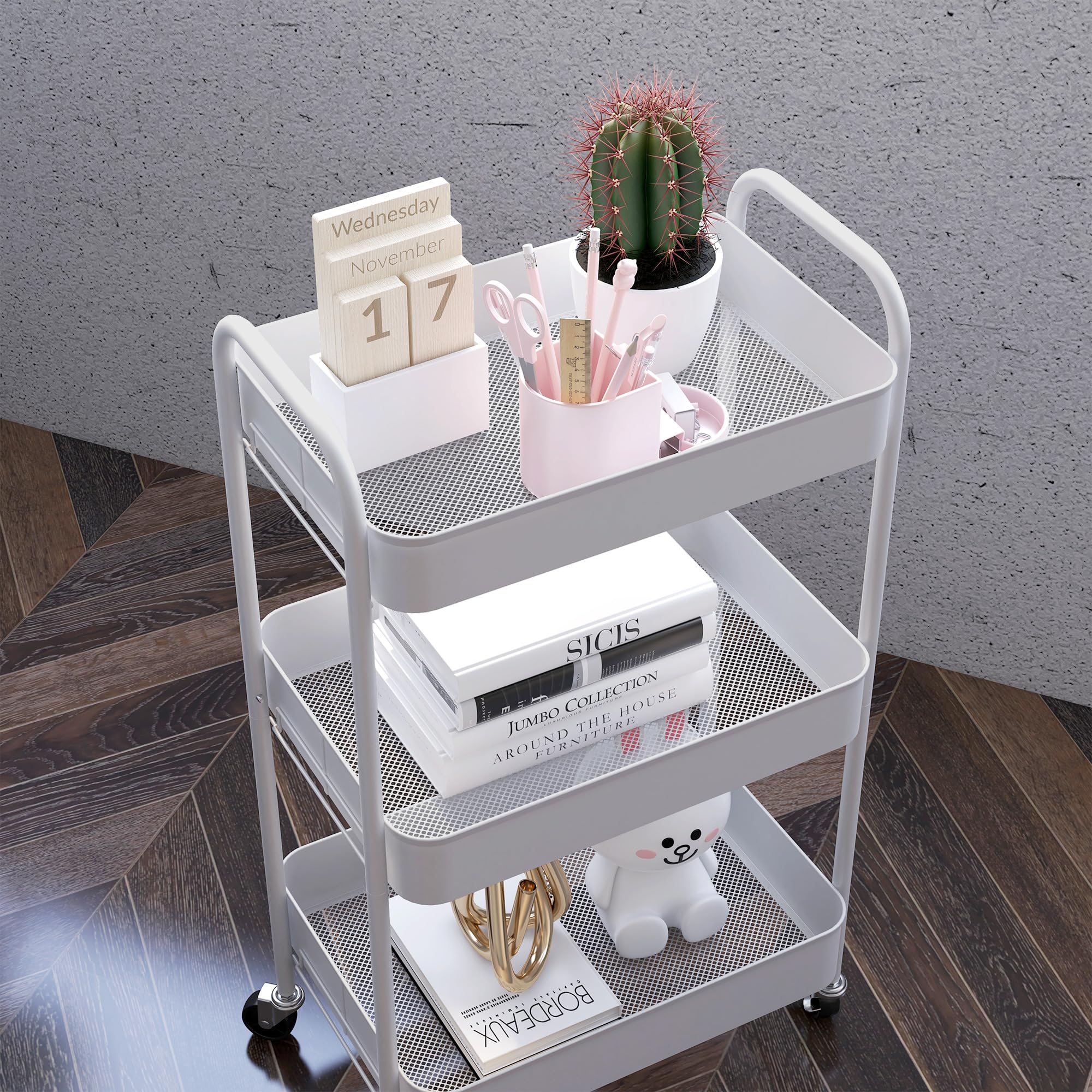 HOMCOM Chariot de Rangement en Acier 3 Niveaux Plateaux ajourés 45 x 30,6 x 79 cm Blanc