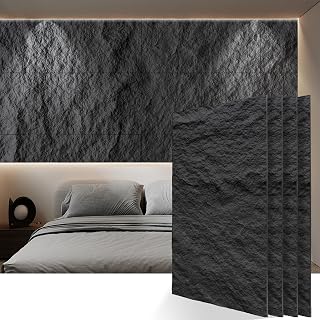 KASARO PU 3D Faux Stone Wall Panels, 4 PCS Wainscoting Panel for Interior Wall Decor, Cement Texture Accent for Home, Office, 47.2×23.6inch, Dark Black