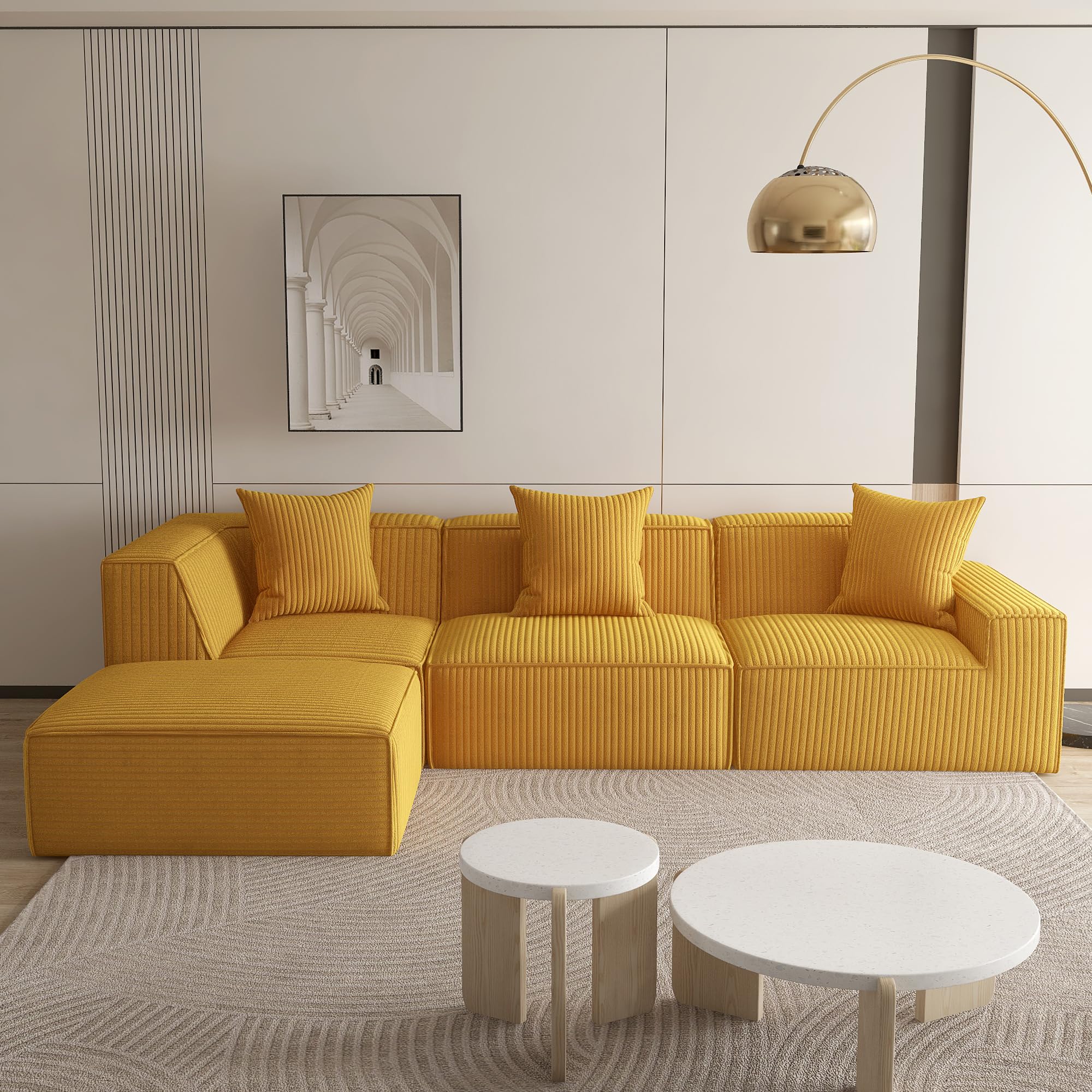 Sectional Sofa, 3-Seat Cloud Memory Foam Boneless Couch with 1 Ottoman, Modern Upholstered Sleeper Sofa with 3 Pillows for Living Room Office, yellow box 4/4 