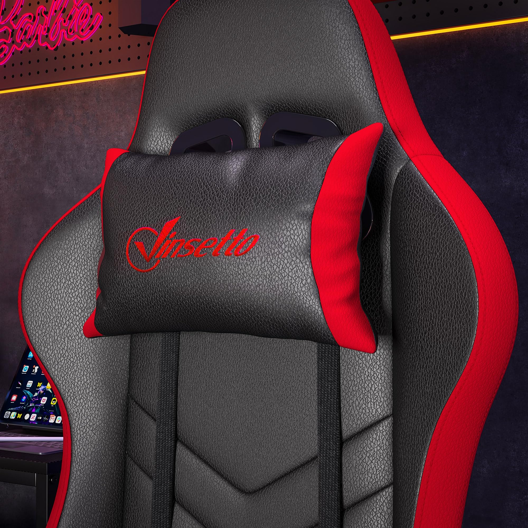 Vinsetto Sedia da Gaming Ergonomica in Pelle PU e Acciaio con Poggiatesta e Altezza Regolabile, Poltrona Gaming con Schienale Reclinabile e Cuscino Lombare, 65x65x121-129 cm, Nero e Rosso