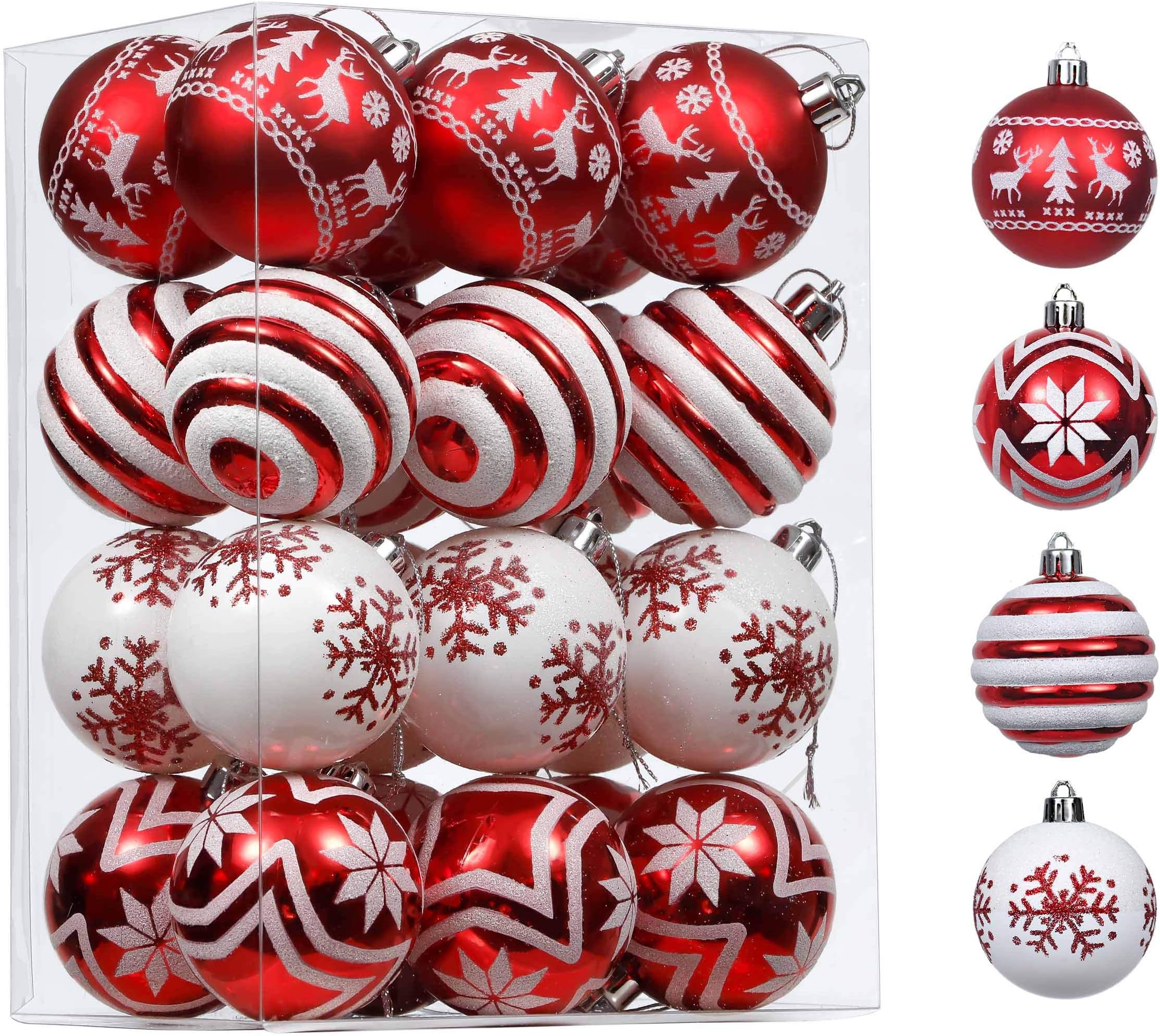 Christmas Ornaments Tree Decorations, 24ct Red and White Shatterproof Christmas Ball Ornaments Set, 2.36 Inch Decorative Hanging Ornament Bulk for Xmas Holiday Party Decor