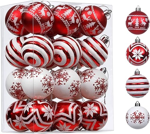 Valery Madelyn Juego de 16 bolas de Navidad inastillables, decoraciones rojas y blancas de 2.36 pulgadas para árboles de vacaciones y fiestas