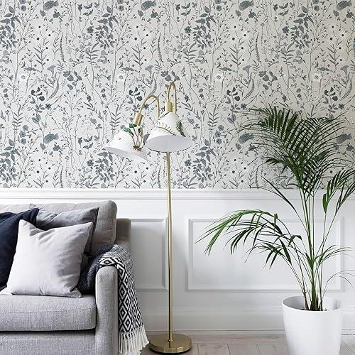 Miniatura 7 de JiffDiff Papel tapiz floral para despegar y pegar, papel de pared blanco y negro de 473 x 17.3 pulgadas, papel tapiz de madera silvestre floral de