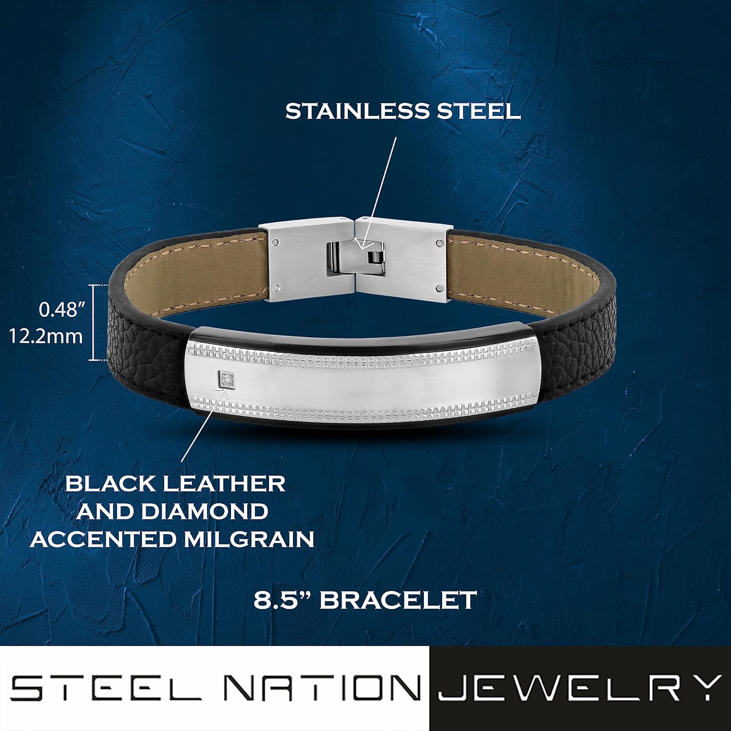 Men's 8.5" Black Leather & Stainless Steel -Accented ID Bracelet - Milgrain Detail, Fold Over Clasp
