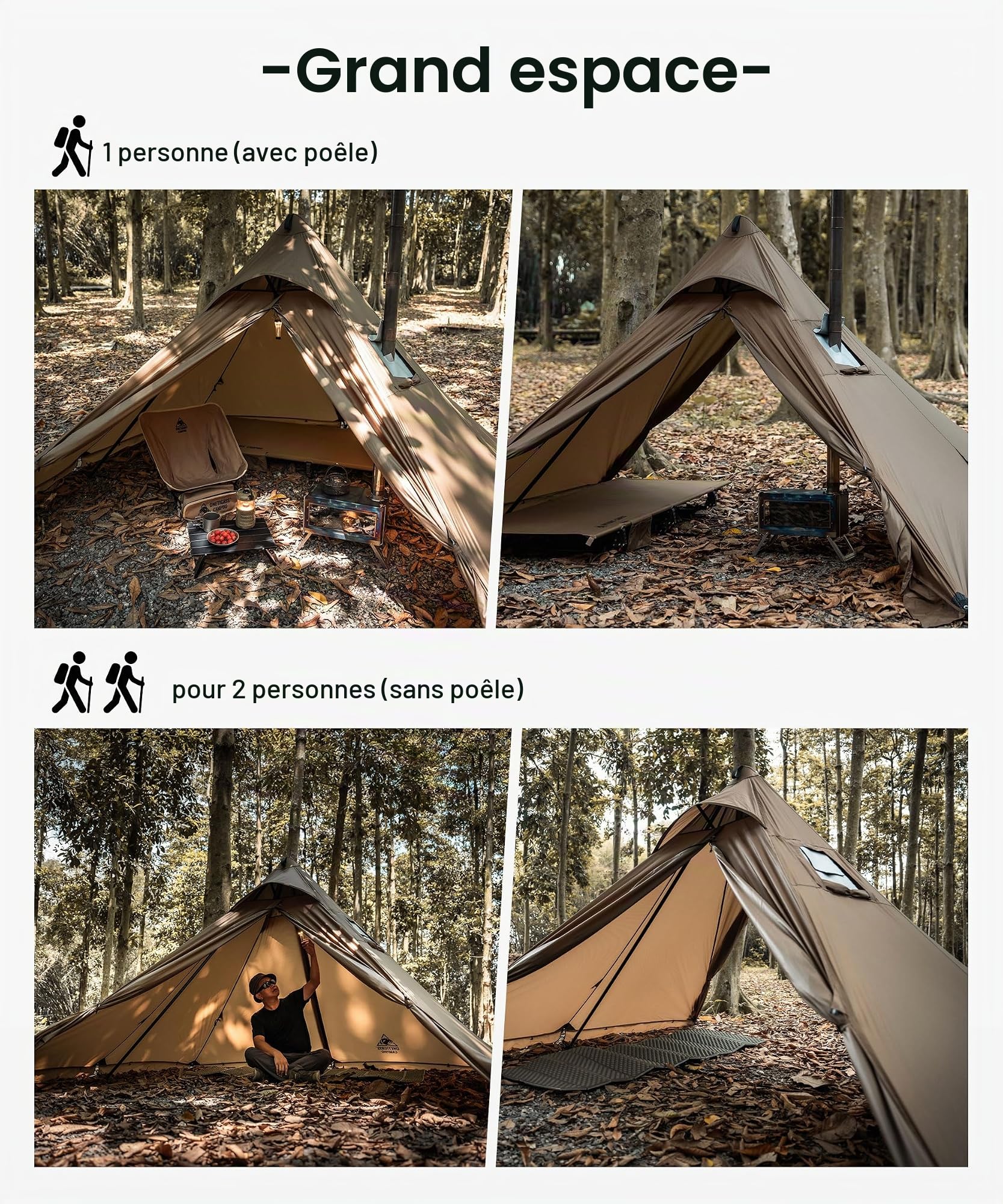 OneTigris APEX Trail Tente 1 personne 4 saisons, structure en A, tente tipi d'extérieur étanche 3000 mm, tente chaude avec trou de cheminée et jupe pare-neige pour camping, randonnée, extérieur