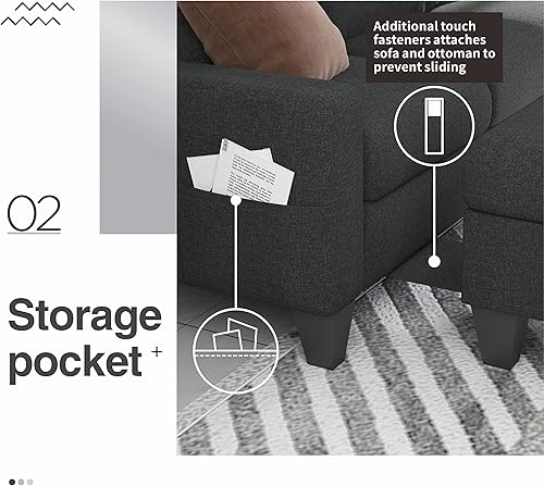 Miniatura 6 de Sunrise Coast Sofá modular convertible en forma de L gris, tela de copo de nieve, sofá de 3 asientos con otomana para forro de habitación,
