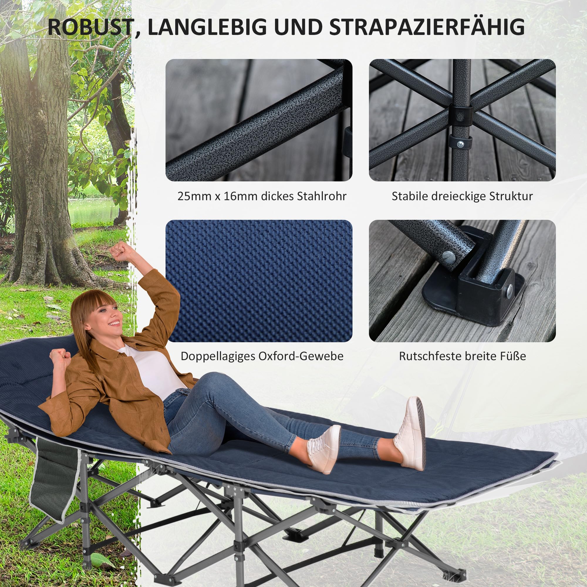 Outsunny Lit de camping pliable Lit de camp pliable avec oreiller Poche latérale Matelas Lit d'invité pouvant supporter jusqu'à 150 kg Voyage Outdoor Oxford bleu foncé 188 x 64,5 x 53 cm