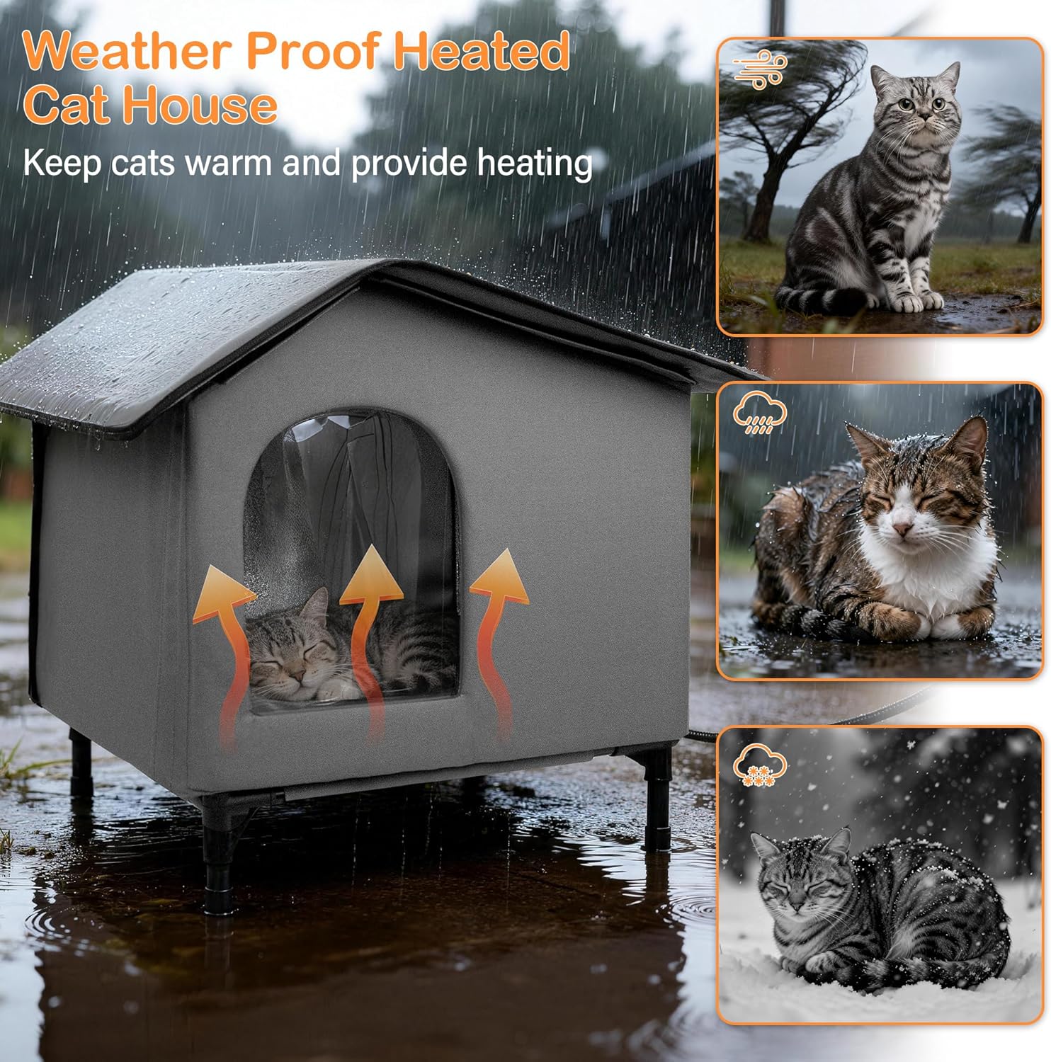 Weatherproof Heated Cat House - Outdoor Cat House with Heating Pad Bed,Insulated Cat House Elevated Outdoor Feral Cats Shelter with Soft Mat for Outside/Indoor Cats (Heat Gray)
