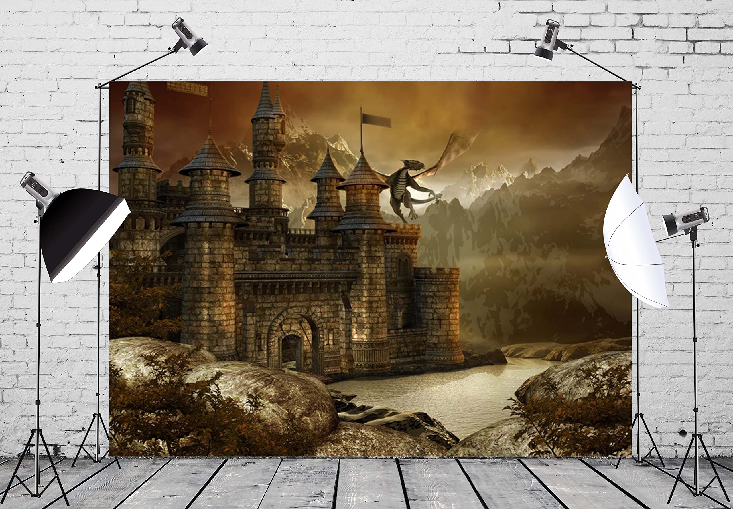 BELECO 3.5x2.5m Tela Fantasía Castillo De Cuento De Hadas Telón De Fondo Escena De Dragón Gigante Arquitectura Medieval Montaña Lago Paisaje Fotografía Fondo Papel Tapiz Sesión De Fotos Foto