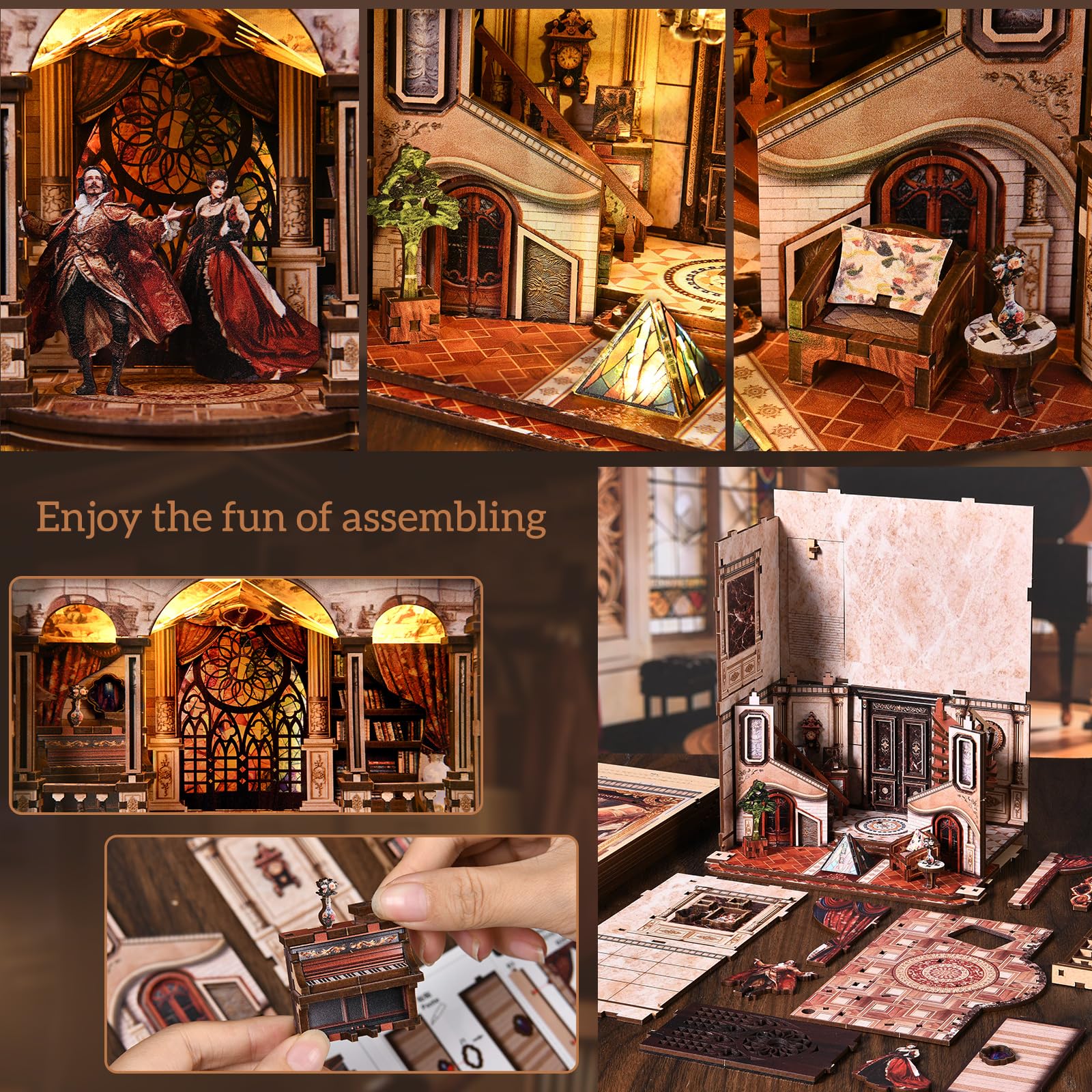 Book Nook Kit w klasycznym stylu vintage – wymarzona robota (Dream Opera House), miniaturowy dom, drewniane puzzle 3D z diodami LED, zestaw do majsterkowania dla dorosłych i młodzieży