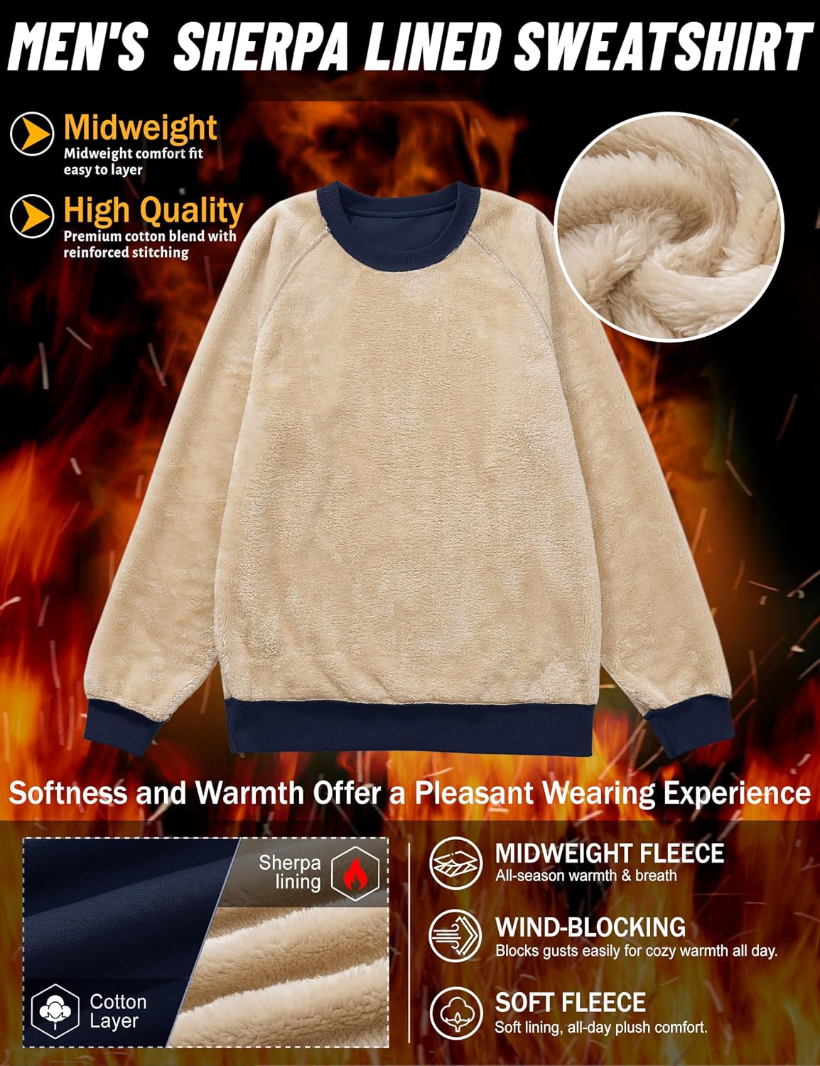 TACVASEN Mens Sherpa Lined Sweatshirts Winter Fleece Midweight Pullover Sweater Warm Crewneck Sweatshirt