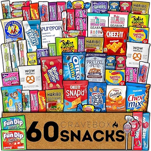 CRAVEBOX Snack and Candy Box (60 Count) Easter Adults Variety Pack Bundle Assortment Gift Basket Kids Care Package Boyfriend Birthday Office College Boys Men Students Food College School