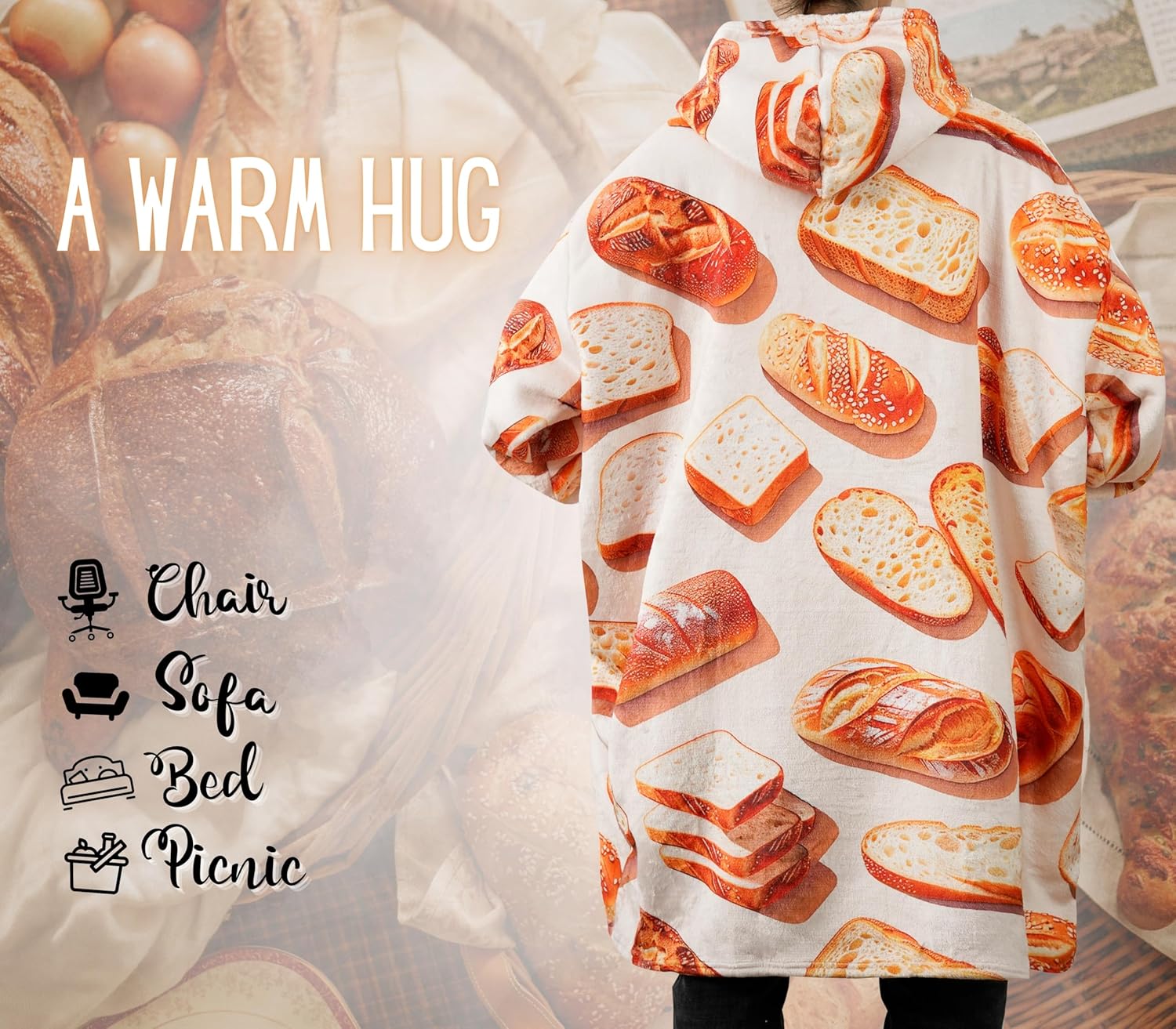 Bread Gifts Wearable Blanket Hoodie, Oversized Wearing Blanket for Baker On Birthday and Christmas
