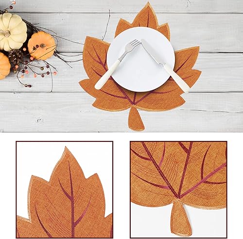 Miniatura 5 de OWENIE Juego de 4 manteles individuales de hojas de otoño, manteles individuales bordados de hojas de arce, decoraciones de otoño de Acción