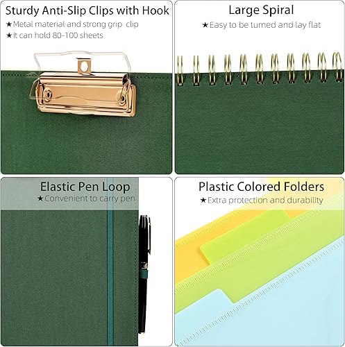 Vista 45 de Ospelelf Portapapeles plegable en espiral con bolsa de almacenamiento con cremallera, 5 carpetas de plástico con 10 bolsillos, bloc de notas forrado