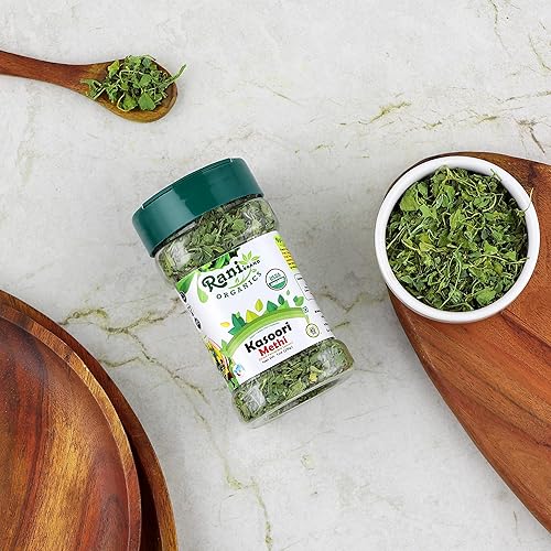 Miniatura 2 de Rani Hojas de fenogreco orgánicas secas (Kasoori Methi) 1 oz (28 g) Tarro PET  Todo natural  Vegano  Apto para gluten  Sin OMG  Origen indio