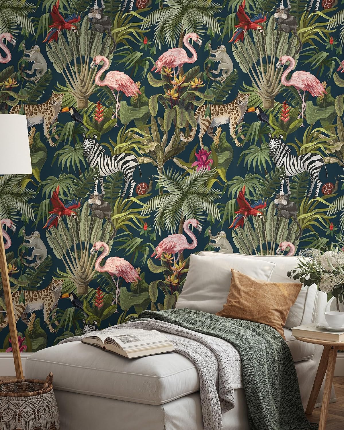 Jungle Animals Wallpaper | Removable Peel & Stick Tropical Mural | Safari Animals Kids Self Adhesive Wallpaper (1 roll 24" W x 48" H)