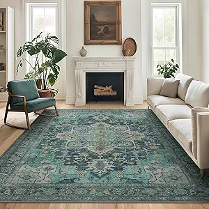 GENIMO 7'6''x9'6'' Area Rugs for Living Room, Machine Washable Non Slip Vintage Rugs, Low Pile Lightweight Chenille Print Rug for Bedroom, Dining Room, Home Office, Dark Green