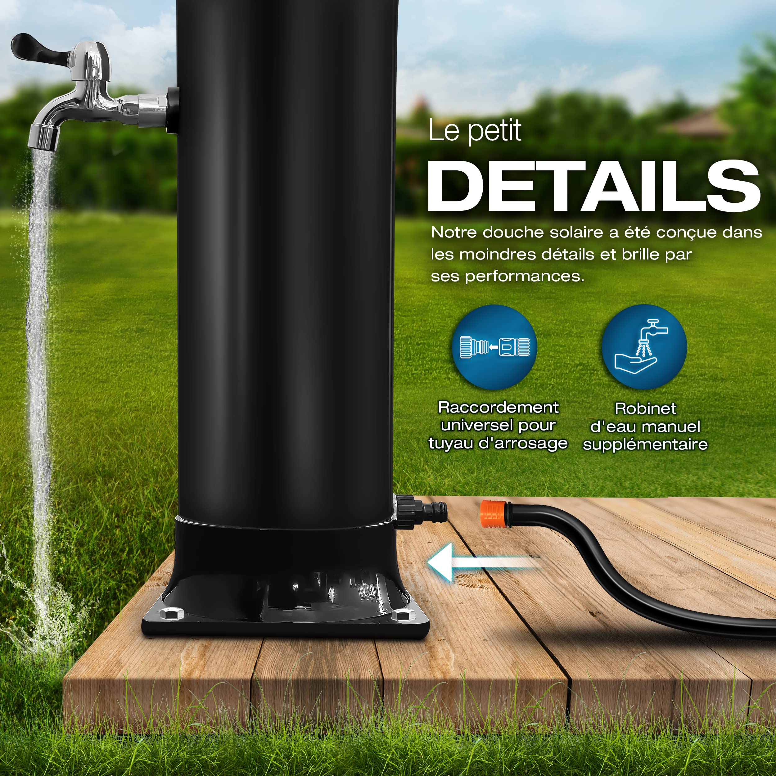 tillvex Douche Solaire 20 litres - Housse de Protection Incluse, Douche de Jardin Solaire - Douche de Jardin Chaude - sans raccordement électrique - avec Robinet et pommeau de Douche de Pluie