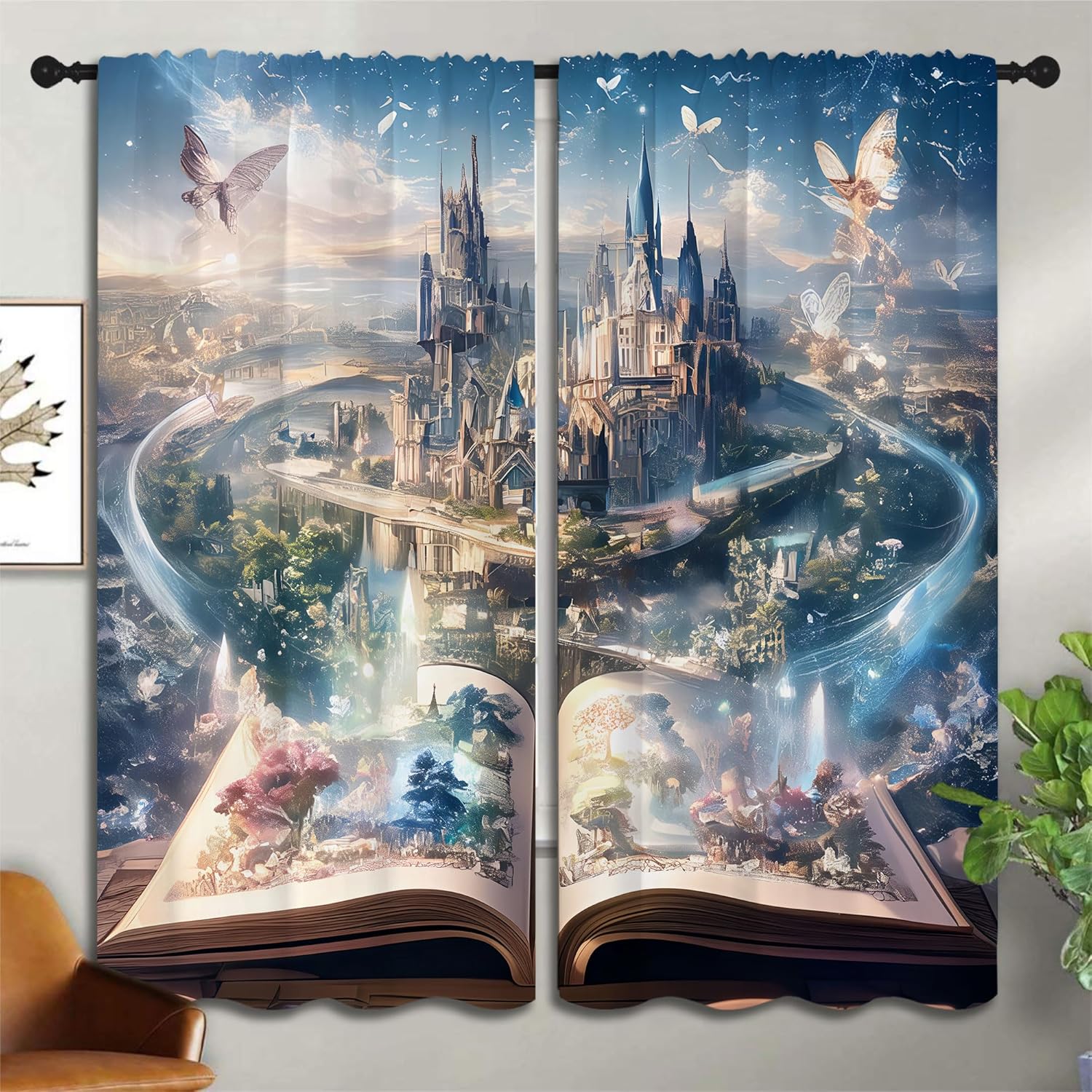 LHROOMJK Art Castle Blackout Curtains for Boys Girl Bedroom Decor,Anime World Mysterious Magic Book Thermal Insulated Rod Pocket Drapes Darkening Window Curtain for Living Room Home 55x63 inch