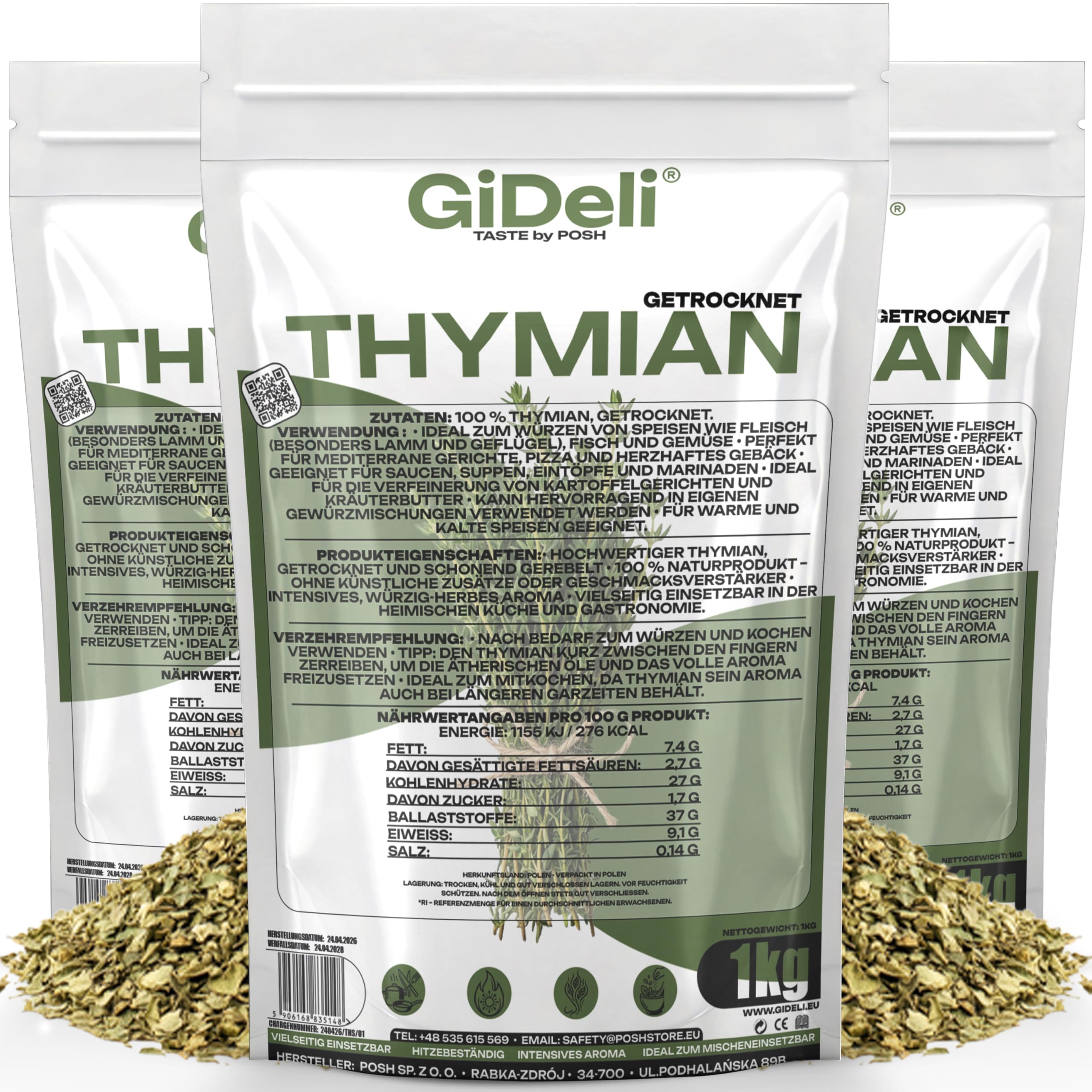 GiDeli Thymian Getrocknet 3x1kg - 100% Naturprodukt ohne Zusätze - Schonend Gerebelt mit Intensivem Aroma - Hitzebeständig zum Mitkochen - Ideal für Fleisch, Pizza, Suppen & Mediterrane Gerichte