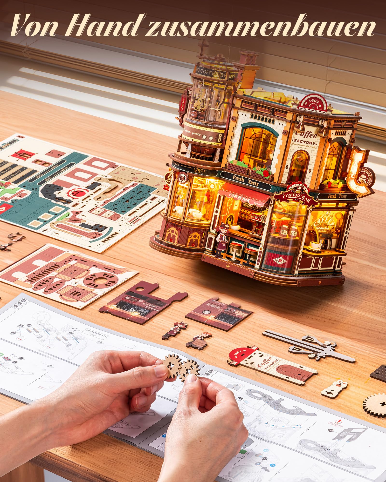 ROKR Dream Coffee Factory EAB02 DIY Miniatur Puppenhaus Spieluhr für Erwachsene, Mechanisches Kaffeefabrik Modell mit Beweglichen Teilen, LED Beleuchtung und Jazz Musik, Kreatives Geschenk
