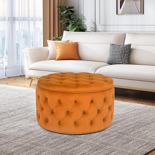 Miniatura 10 de Joveco Otomana redonda de almacenamiento, otomana tapizada con botones y parte superior extraíble, banco de almacenamiento, mesa de café,
